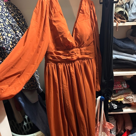 Burnt Orange Long Sleeve V Neck Formal Dress with Leg Slit - Picture 10 of 10